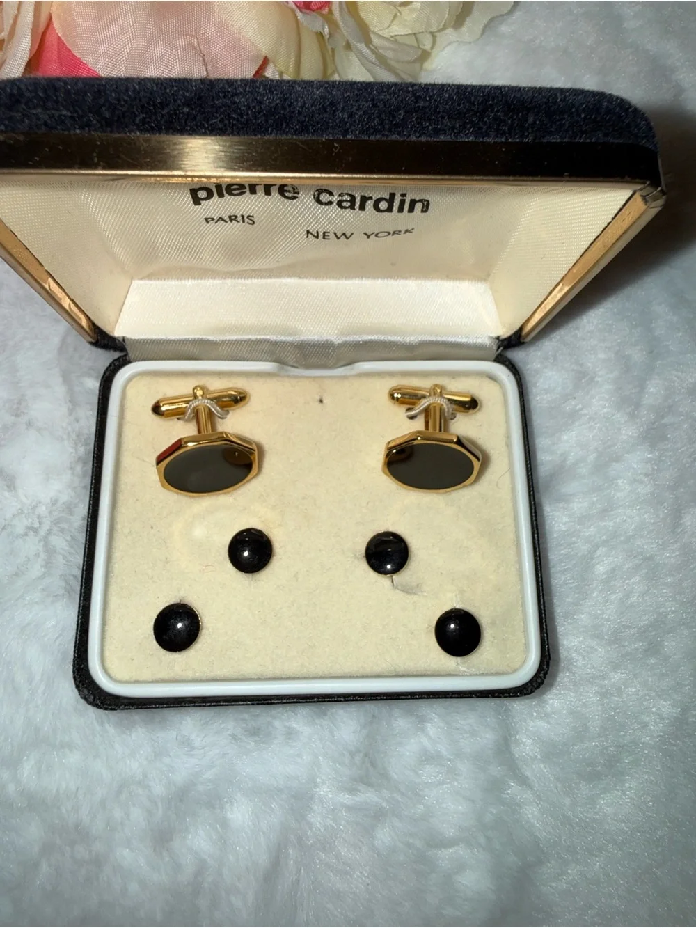 Pierre Cardin Vintage Cufflinks & Shirt Studs Set Black Gold Tone Boxed